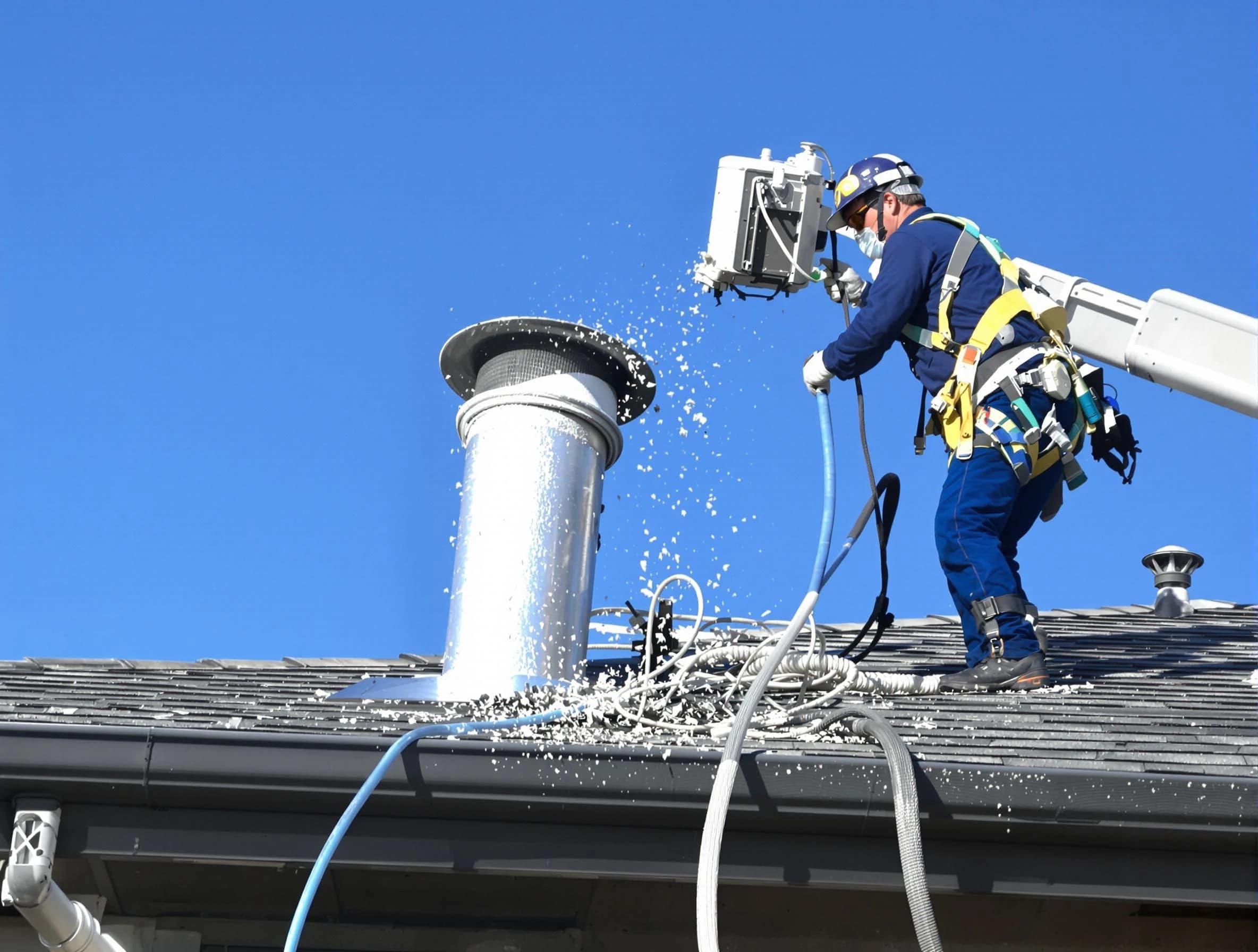 Ponderosa Park Dryer Vent Cleaning certified technician safely cleaning a roof-mounted dryer vent in Ponderosa Park